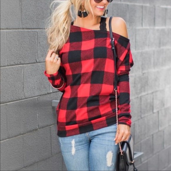 NEW! ! LAST ONE ! RED AND BLACK PLAID TOP - Picture 2 of 3